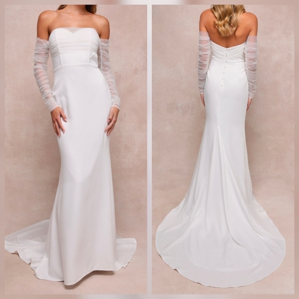 Lulus Eternal Bliss White Tulle Off-Shoulder Bustier Maxi Dress Wedding Gown, M